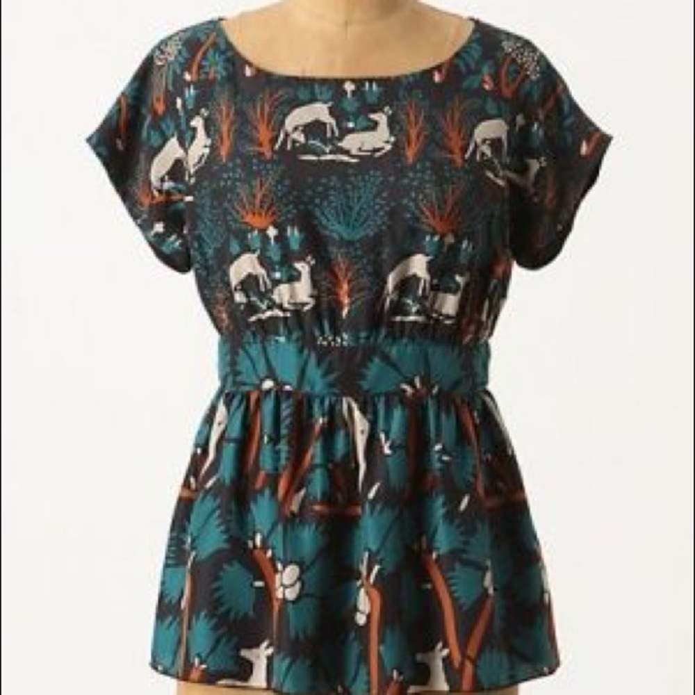 Anthropologie Teal Black Orange Deer Print Peplum Blouse